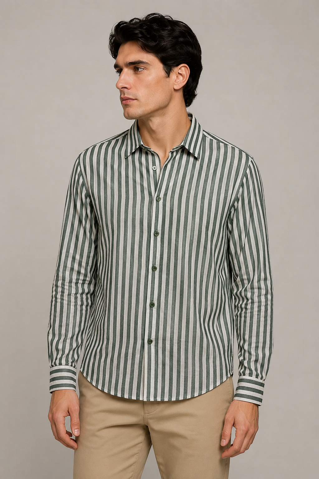 Camisa para Hombre Manga Larga de Rayas Antiarrugas Ligera B61408 Militar