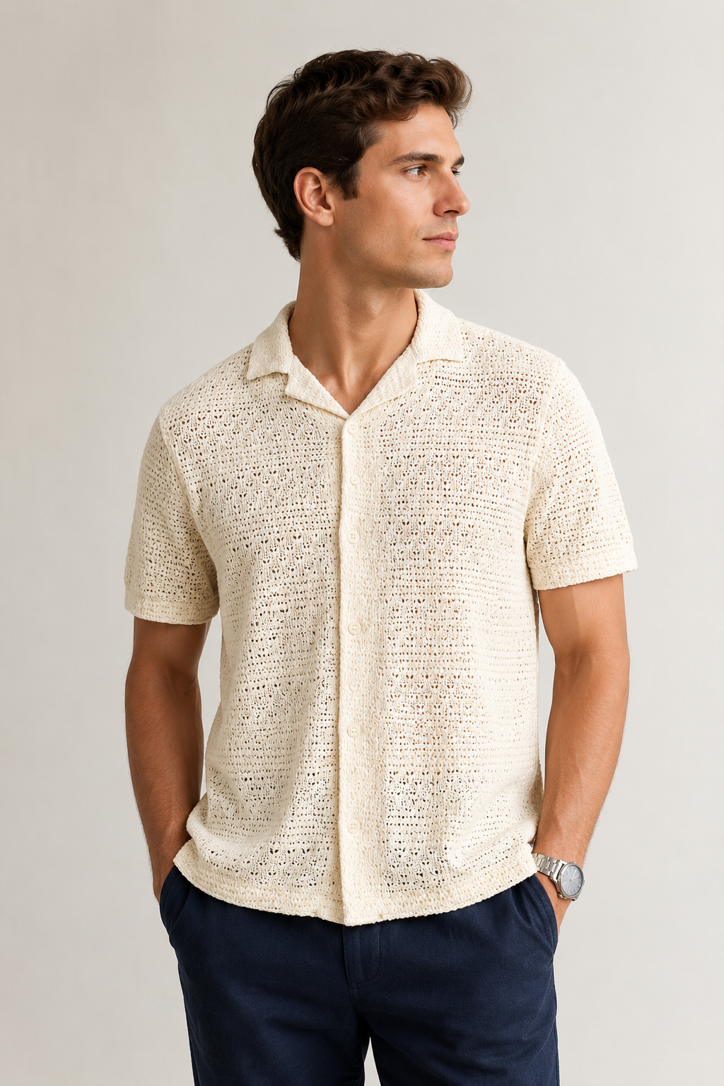 Camisas Para Hombre Manga Corta Tejido Tableado B65453 Hueso