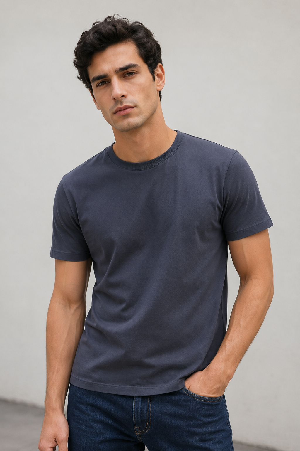 Playeras Para Hombre Básica De Cuello Redondo De Algodón A65401 Marino