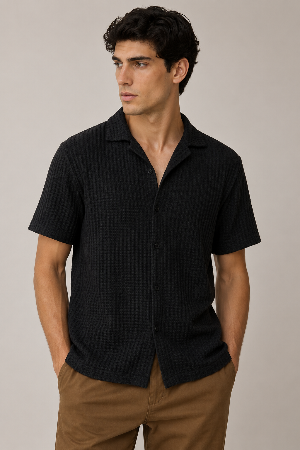 Camisas Para Hombre Manga Corta Crochet Tejida B65454 Negro