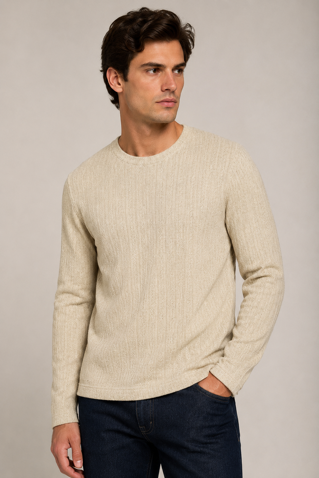 Playeras Para Hombre De Tejido Calado Acanalado Manga Larga A65314 Beige