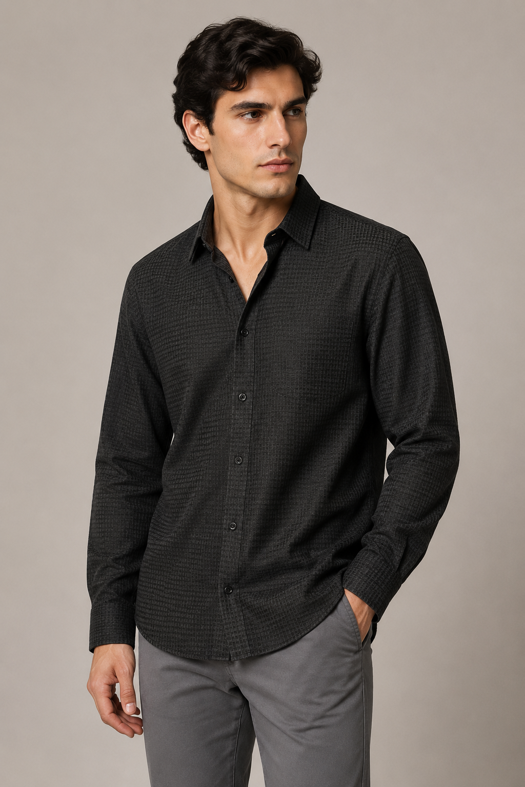Camisas Para Hombre Manga Larga Jacquard Satinada B65408 Negro