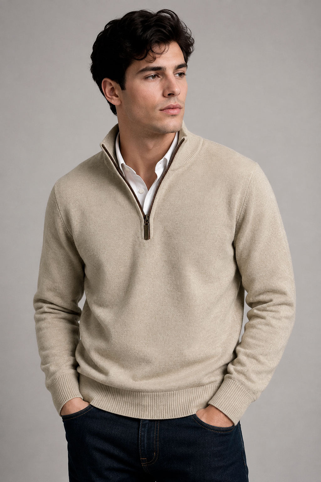 Suéteres Para Hombre Cuello Alto y Cremallera De Punto Fino E65302 Beige