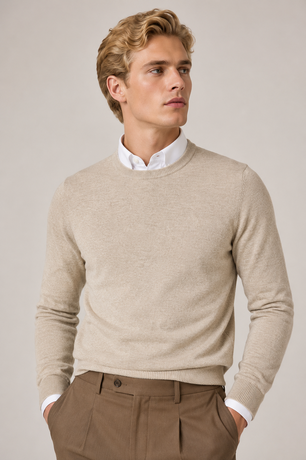 Suéteres Para Hombre Básico de Punto Fino E65301 Beige
