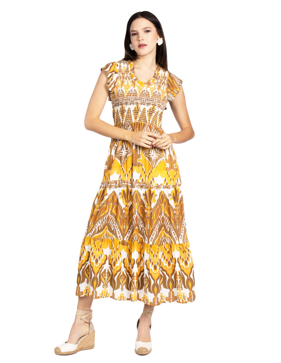 Vestidos Para Mujer Smock Con Olanes S51122 Ocre