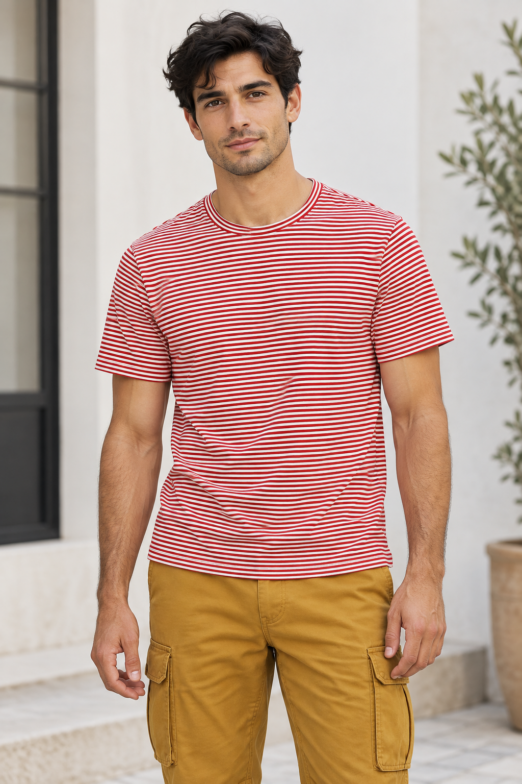 Playeras Para Hombre De Manga Corta Con Estampado De Micro Rayas A41111 Rojo