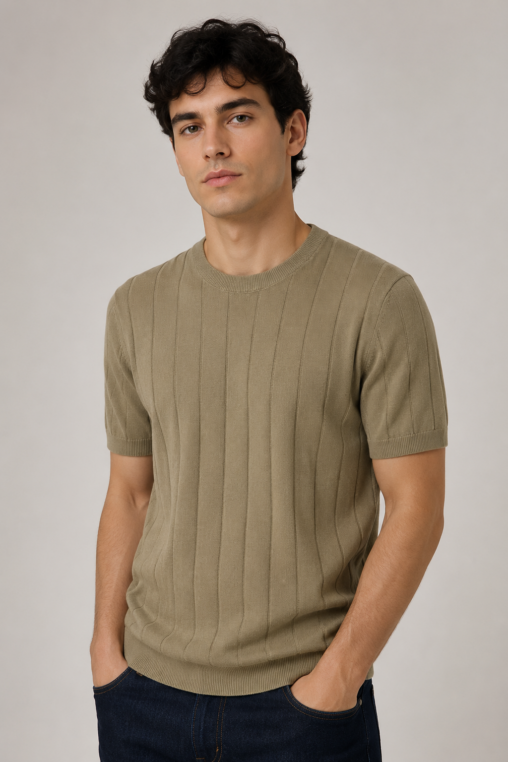 Playeras Para Hombre de Punto Tejida Acanalada A61452 Olivo