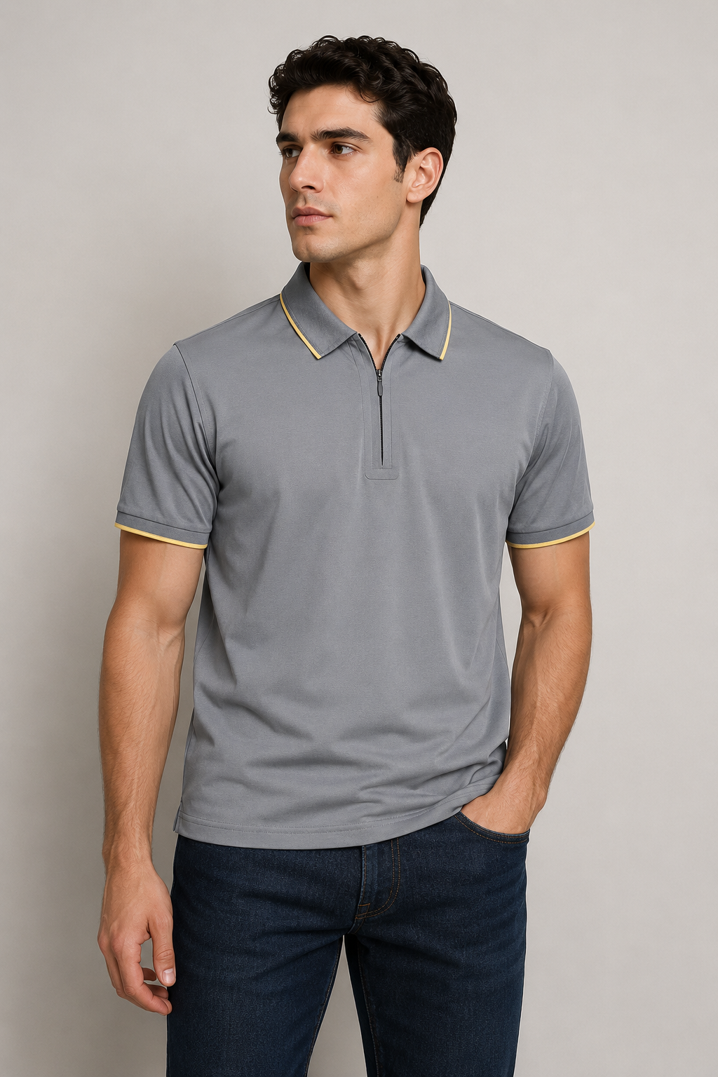 Playeras Polo Para Hombre Con Cierre Microperforada Super Stretch Detalles Contrastantes A65409 Gris