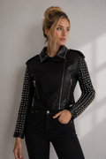 Chamarras Para Mujer Biker Estoperoles Plateados Q43201 Negro