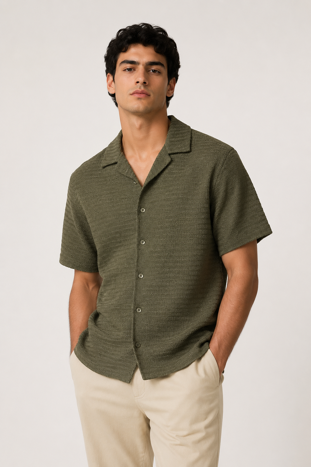 Camisas Para Hombre Manga Corta Con Tejido de Punto B65457 Olivo