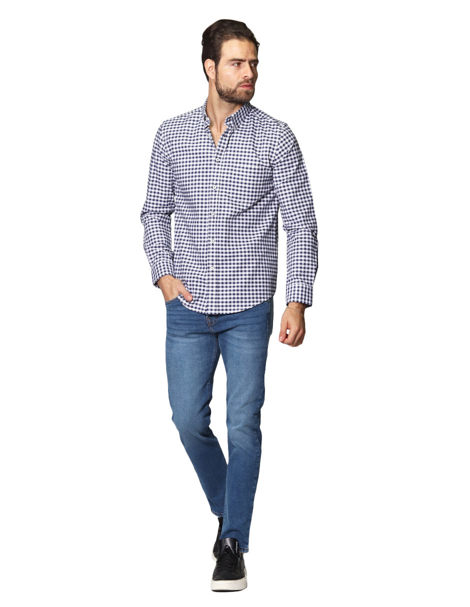 Camisas Para Hombre Estampado De Cuadros Slim Fit B41115 Marino
