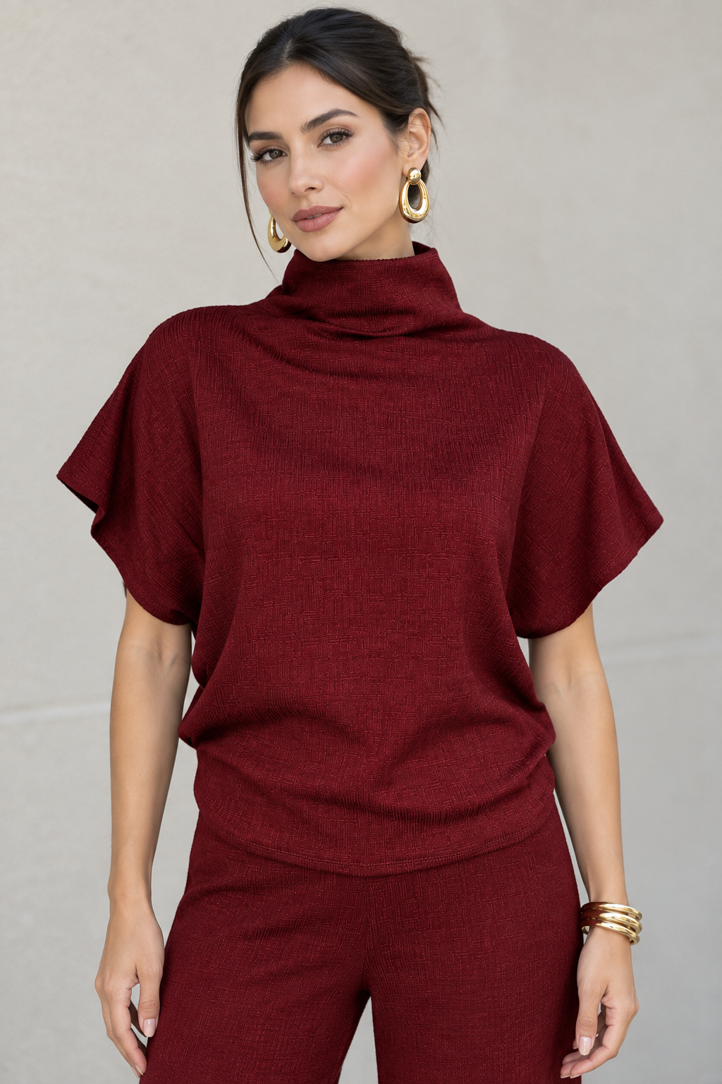 Blusas Para Mujer De Tejido Texturizado Con Cuello Alto Tipo Murciélago N63125 Vino