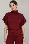 Blusas Para Mujer De Tejido Texturizado Con Cuello Alto Tipo Murciélago N63125 Vino