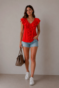 Blusas Para Mujer Con Manga Corta y Olanes N61147 Rojo