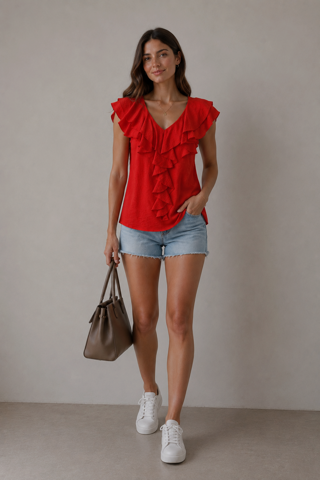Blusas Para Mujer Con Manga Corta y Olanes N61147 Rojo
