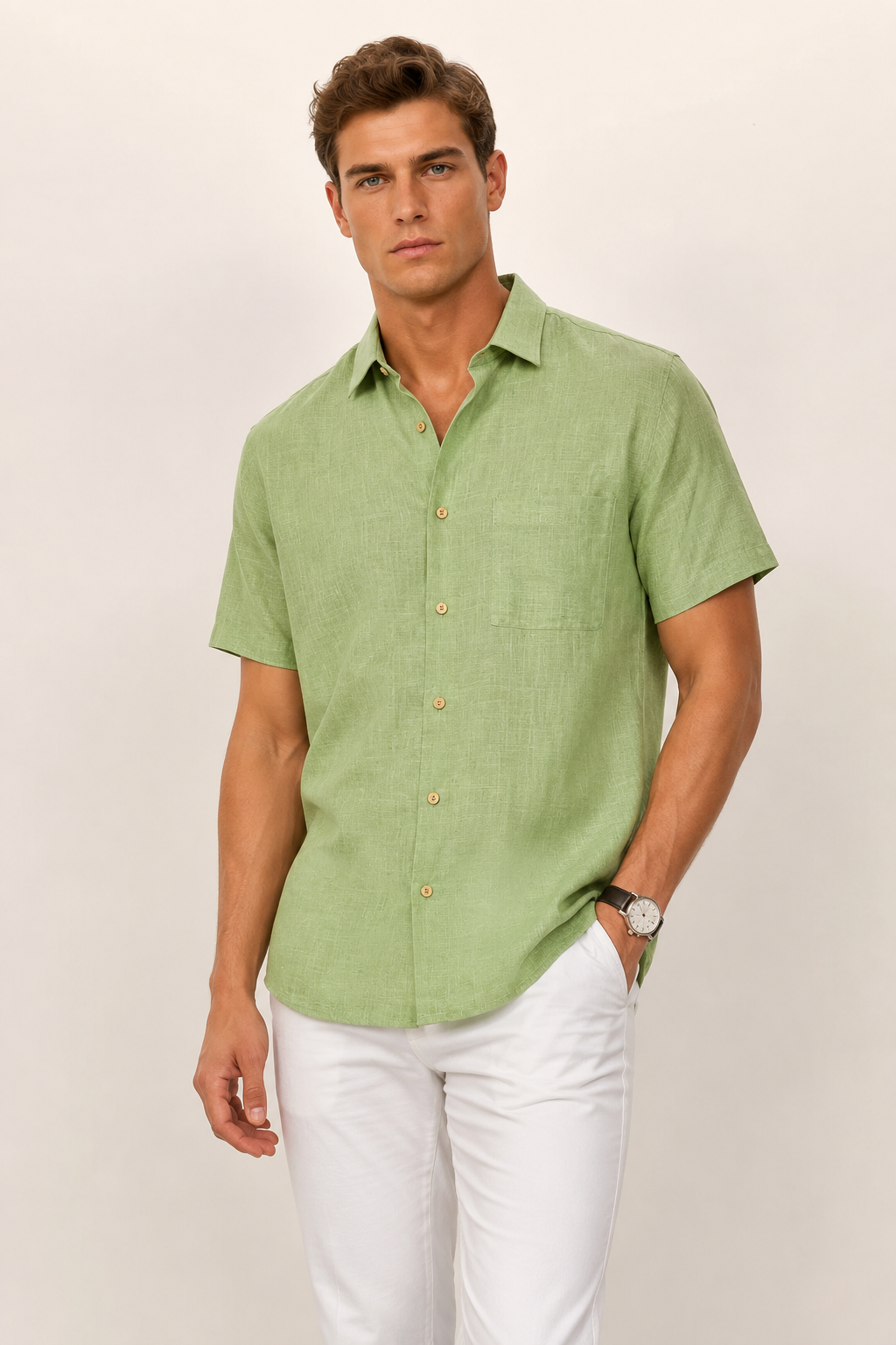 Camisas Para Hombre Manga Corta Albatros Tipo Lino Semi Recta B61561 Olivo