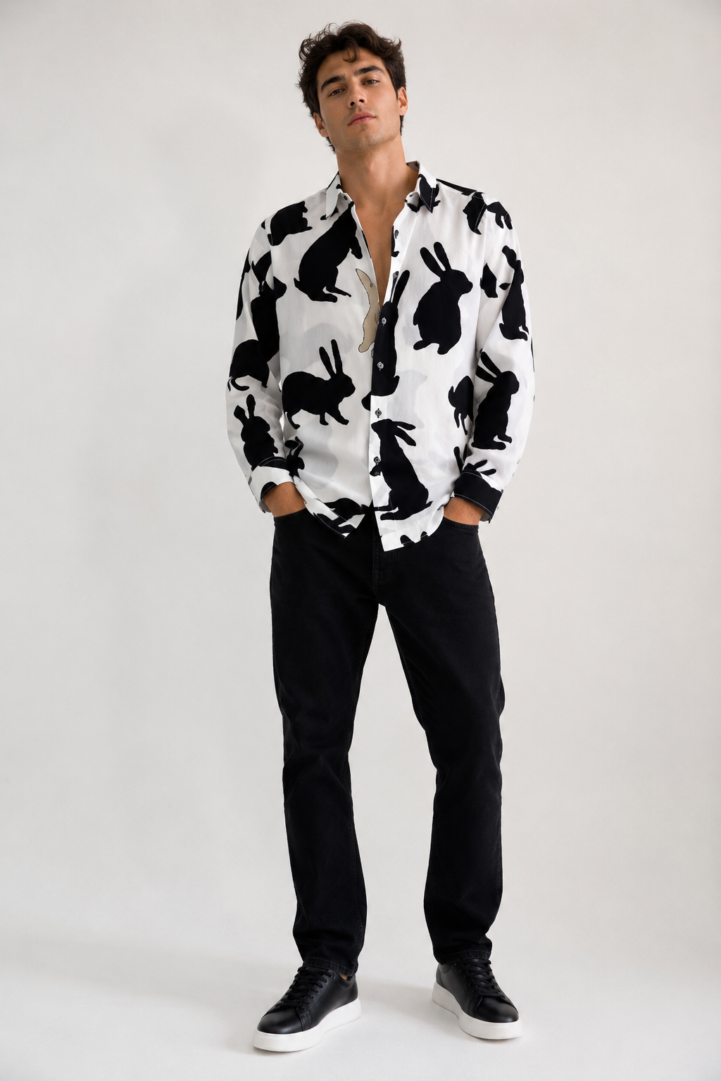 Camisas Para Hombre Estampado Artística B55505 Blanco