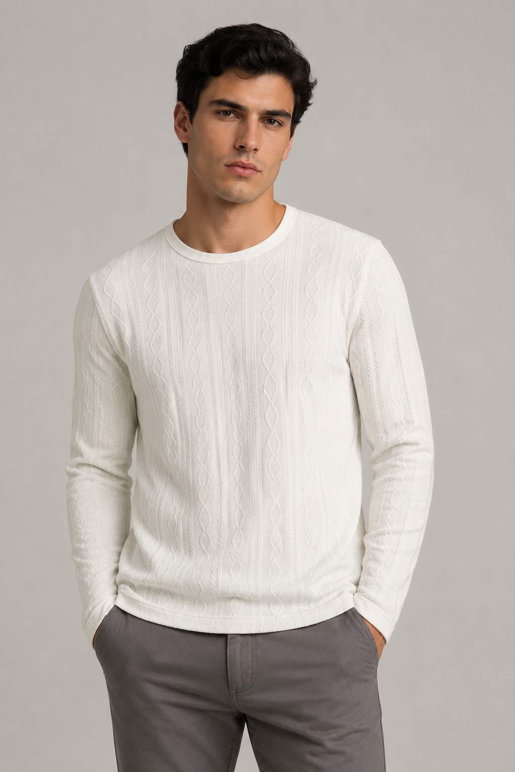 Playeras Para Hombre De Tejido Trenzado Manga Larga A65315 Hueso