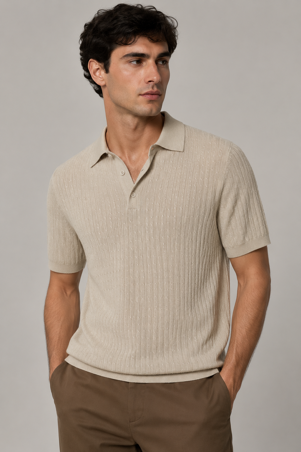 Playeras Polo Para Hombre Tejida Punto Acanalada A61454 Beige