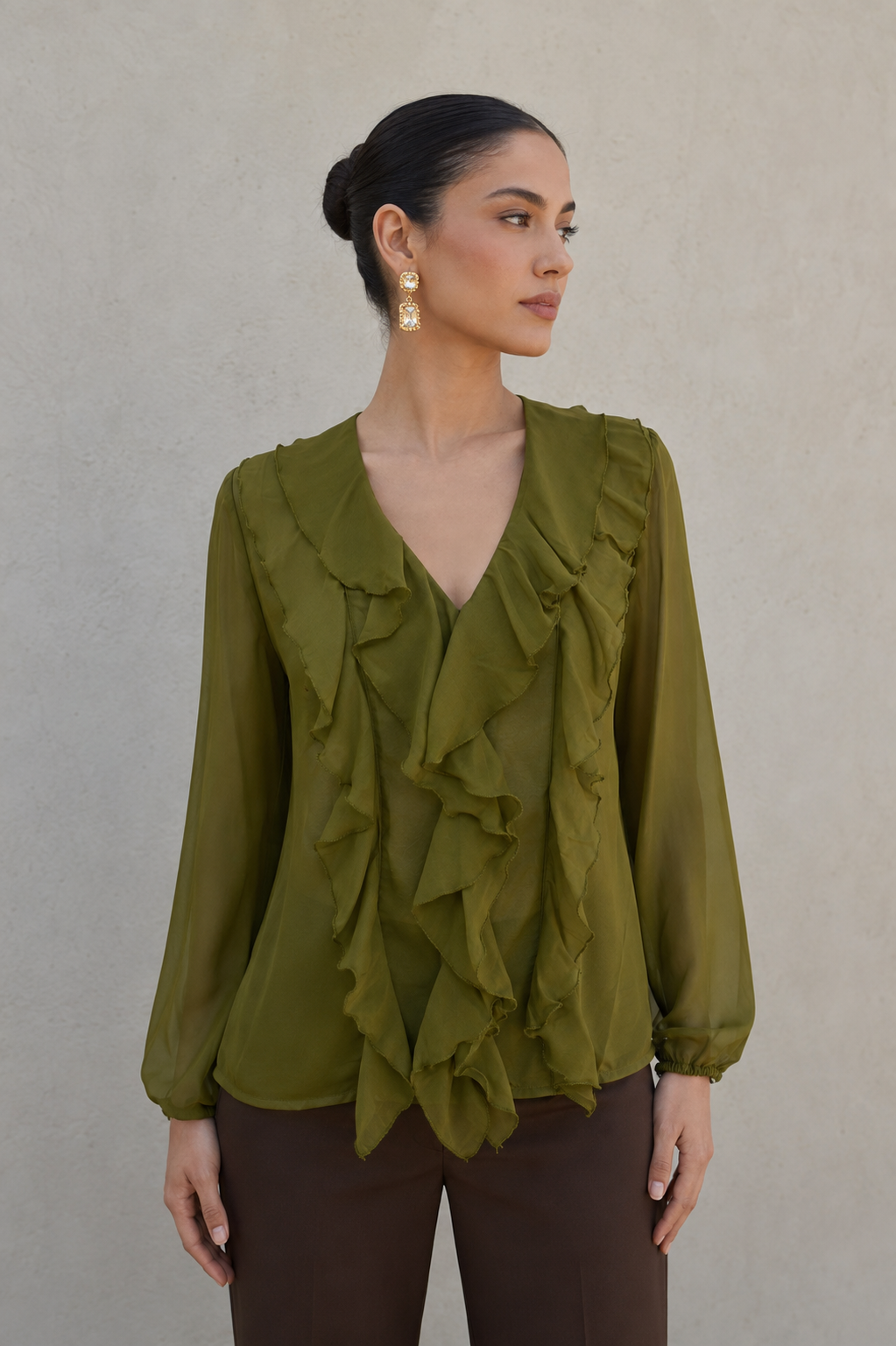 Blusas Para Mujer Chiffon Con Olanes N63101 Verde