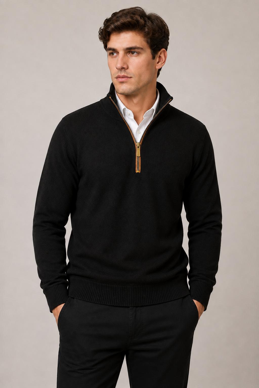 Suéteres Para Hombre Cuello Alto y Cremallera De Punto Fino E65302 Negro