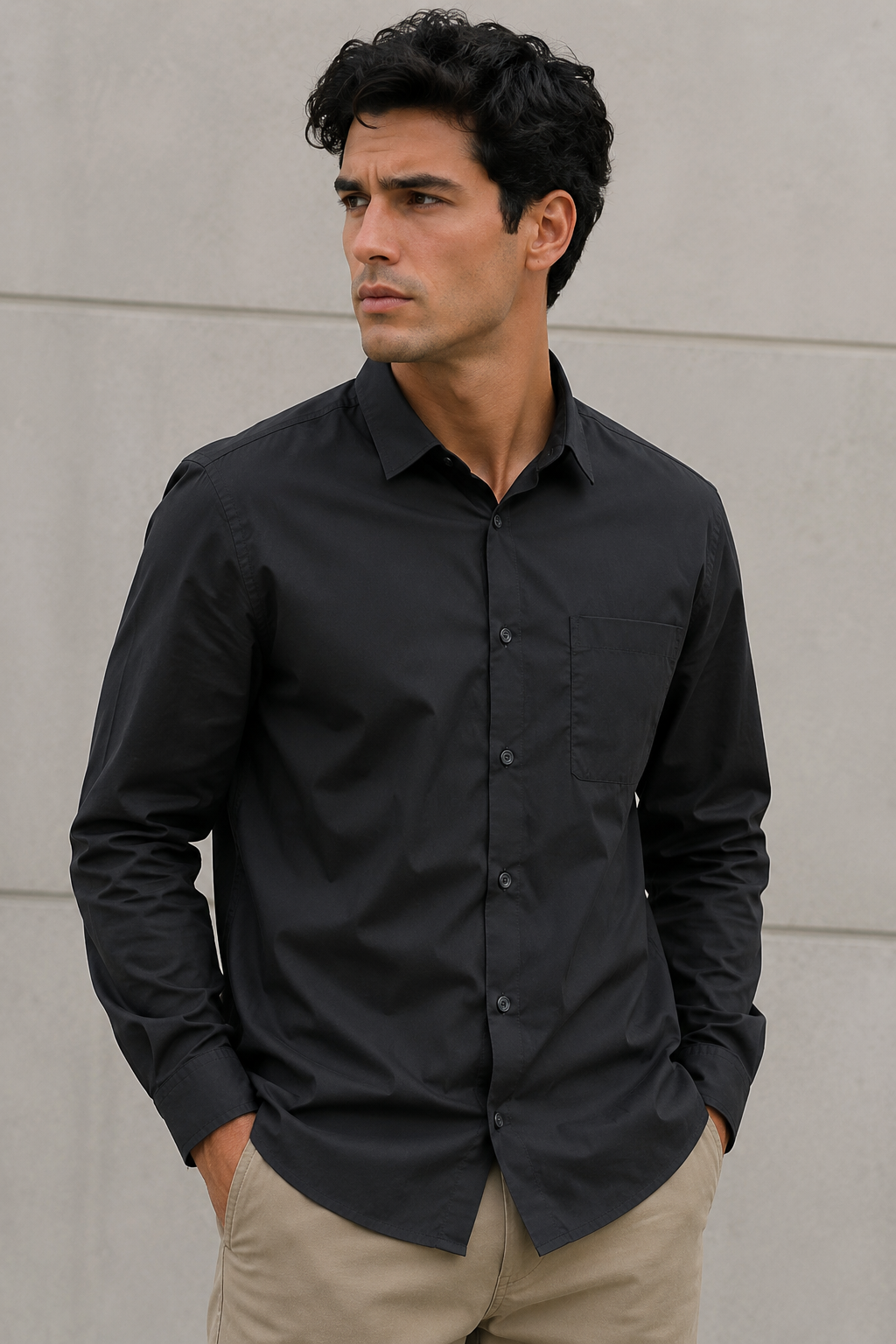 Camisas Para Hombre Manga Larga De Algodón Suave B65404 Negro