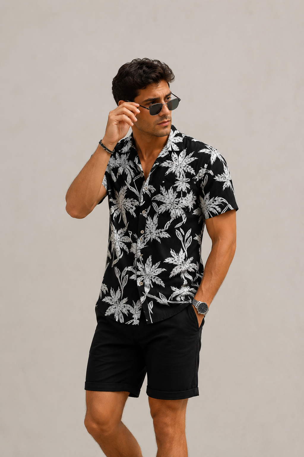 Camisas Para Hombre Manga Corta Hawaiana Fresca B61555 Negro