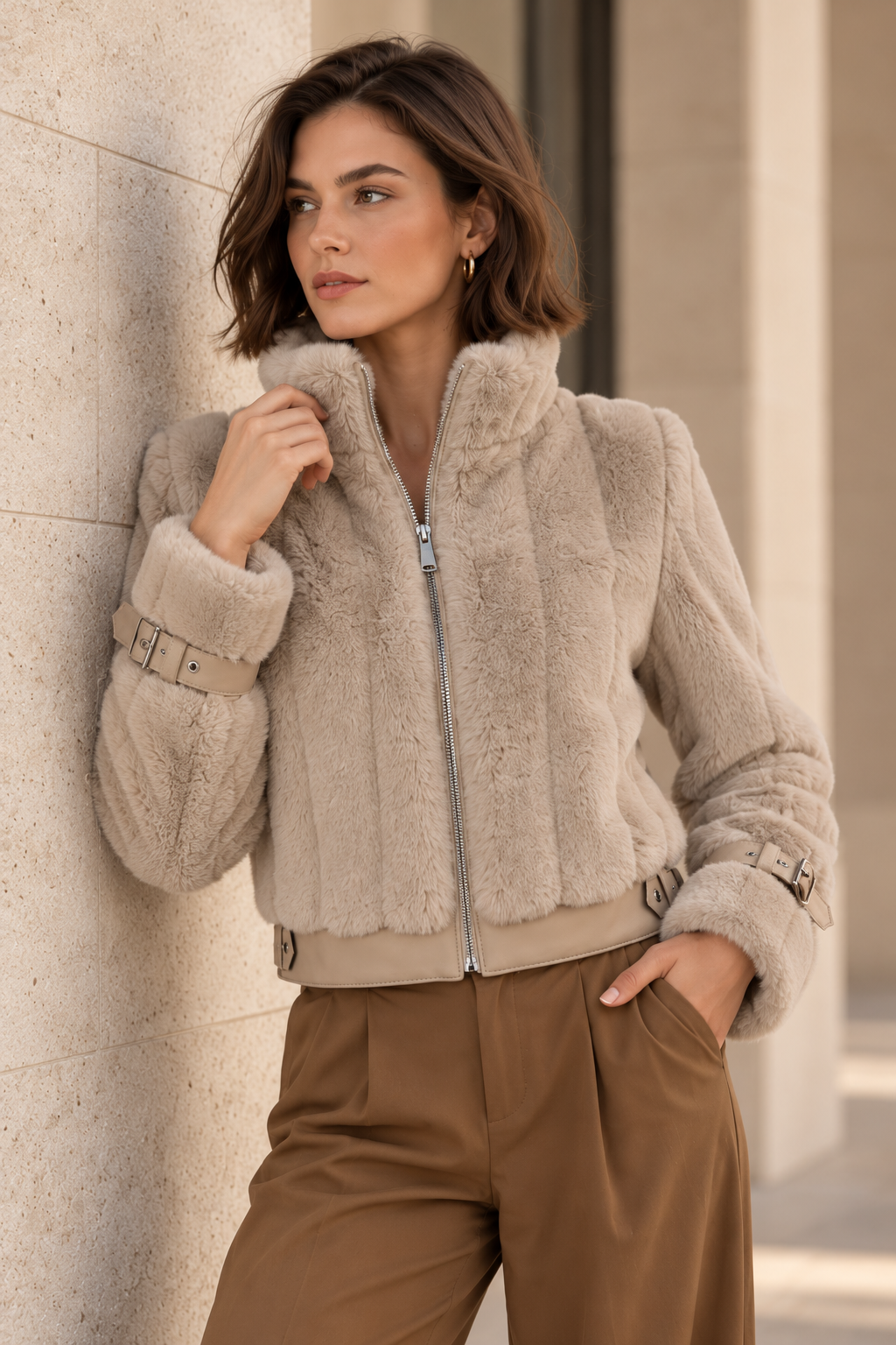 Chamarras Para Mujer Tipo Peluche Puños Ajustables Q43206 Beige