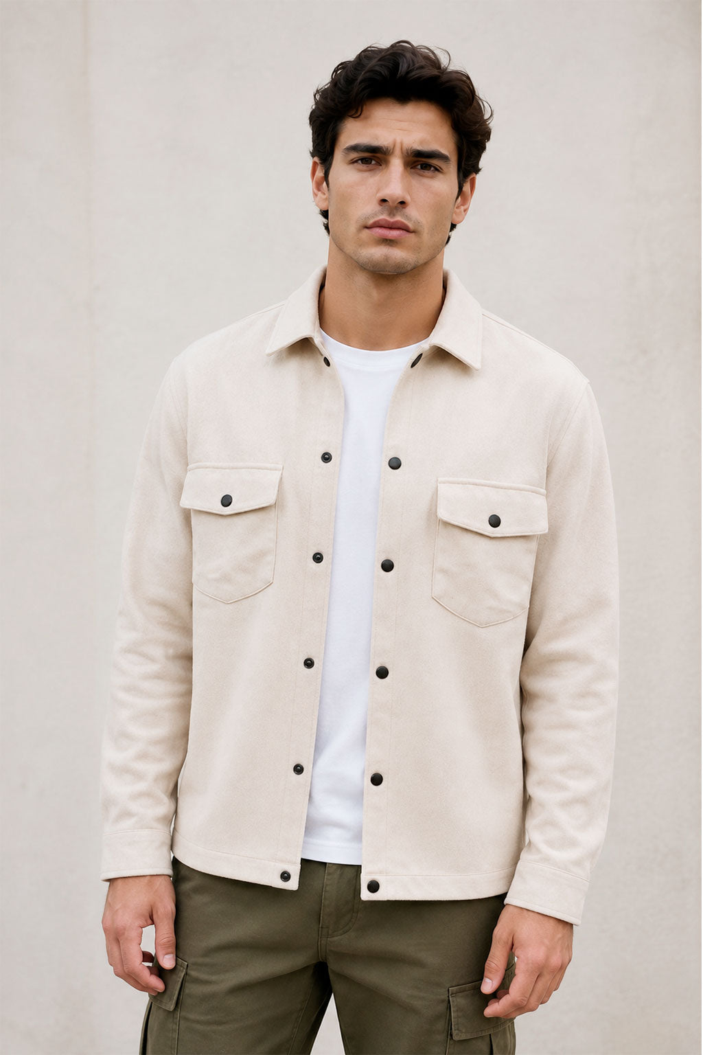 Sobrecamisas Para Hombre Suede De Doble Bolsillo Con Tapa B65413 Hueso