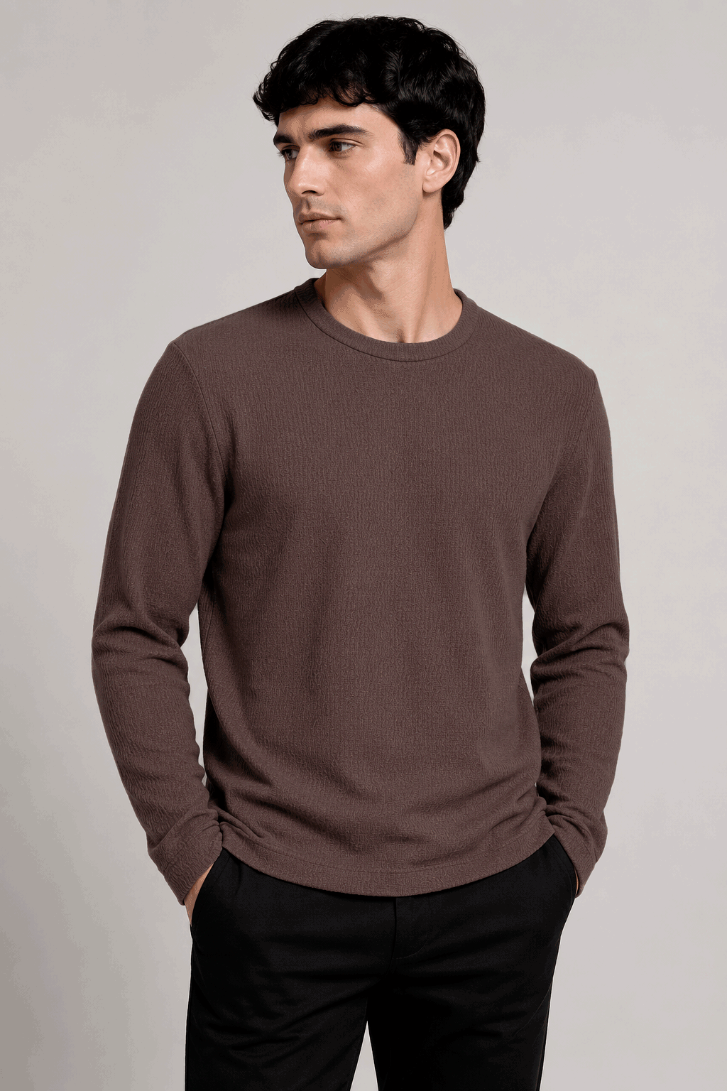 Playeras Para Hombre De Tejido Acanalado Con Manga Larga A65313 Vino