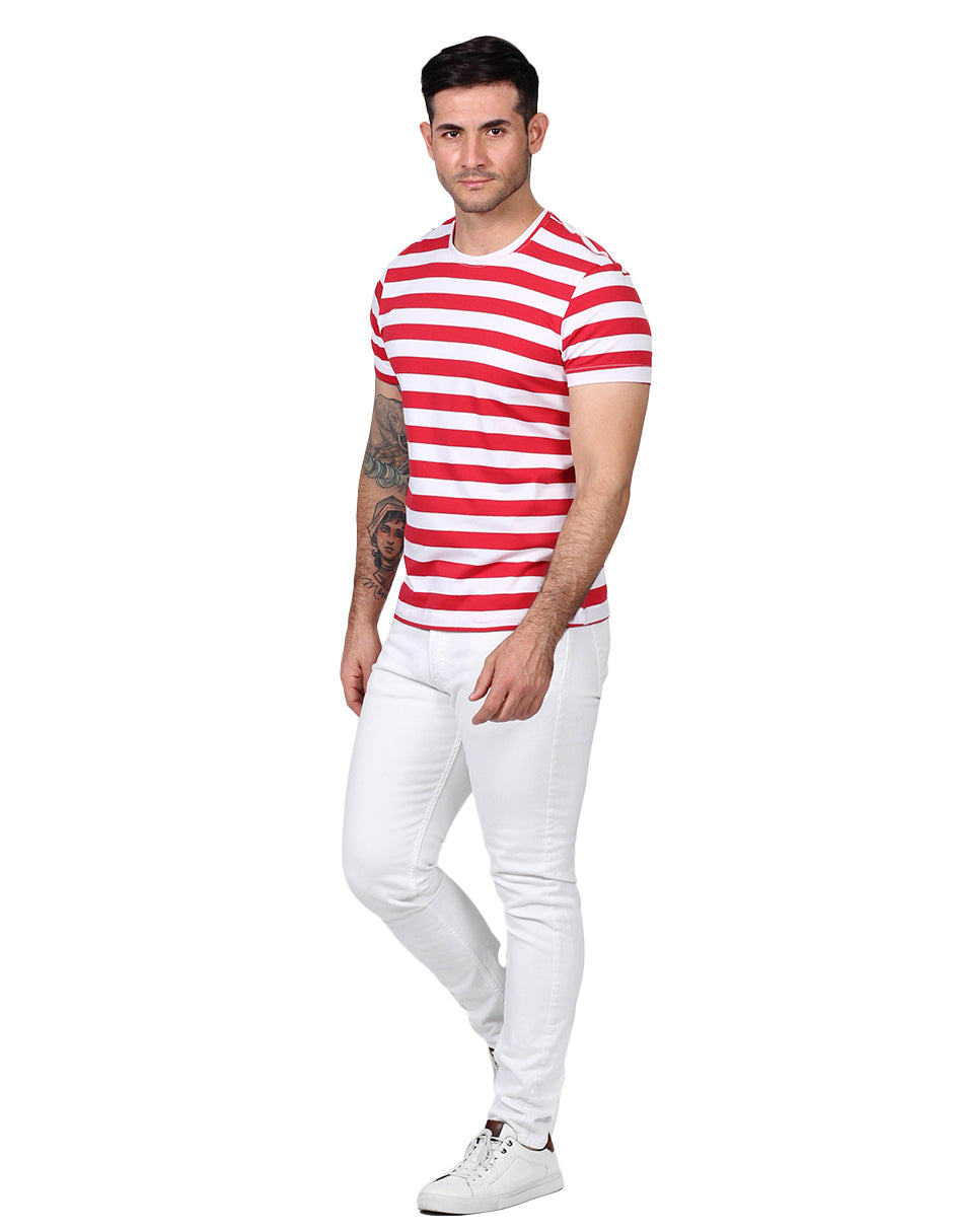 Playeras Para Hombre De Manga Corta Con Estampado De Rayas A41112 Rojo