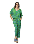 Pantalones Para Mujer Bobois Moda Casuales De Jareta Pesquero Con Dobladillo De Tiro Alto Con Estampado De Hojas W41109 Verde