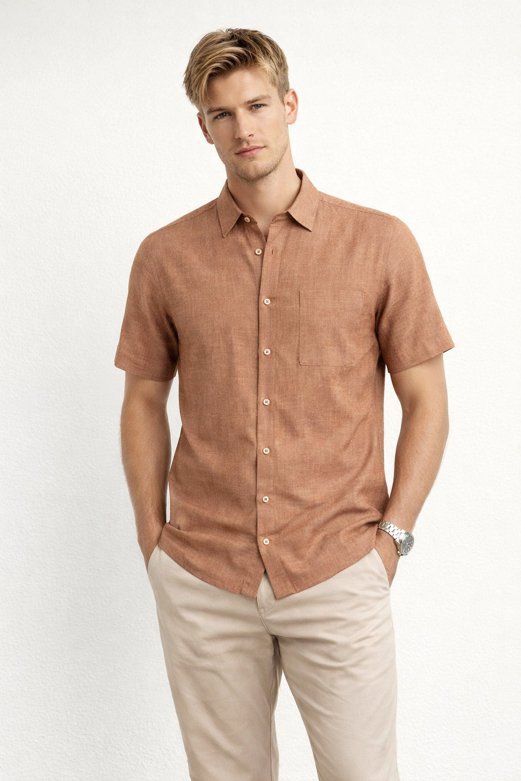 Camisas Para Hombre Manga Corta Albatros Tipo Lino Semi Recta B61561 Cocoa