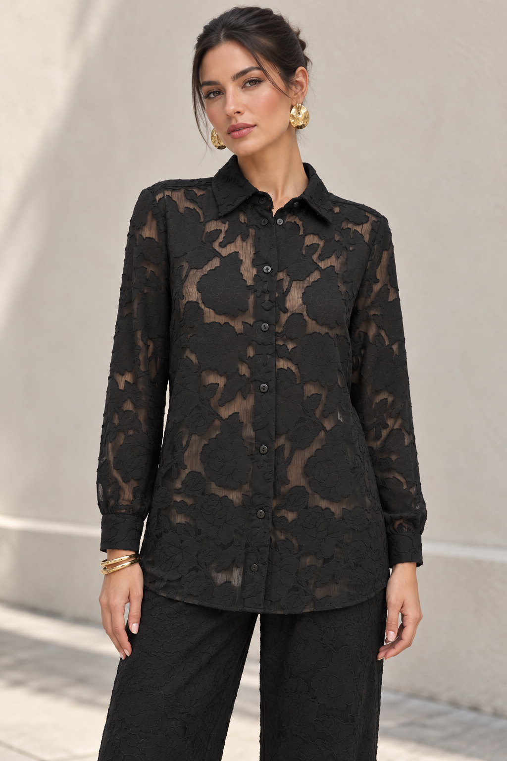 Blusas Para Mujer Jacquard Con Transparencia Y Diseño Floral N63107 Negro
