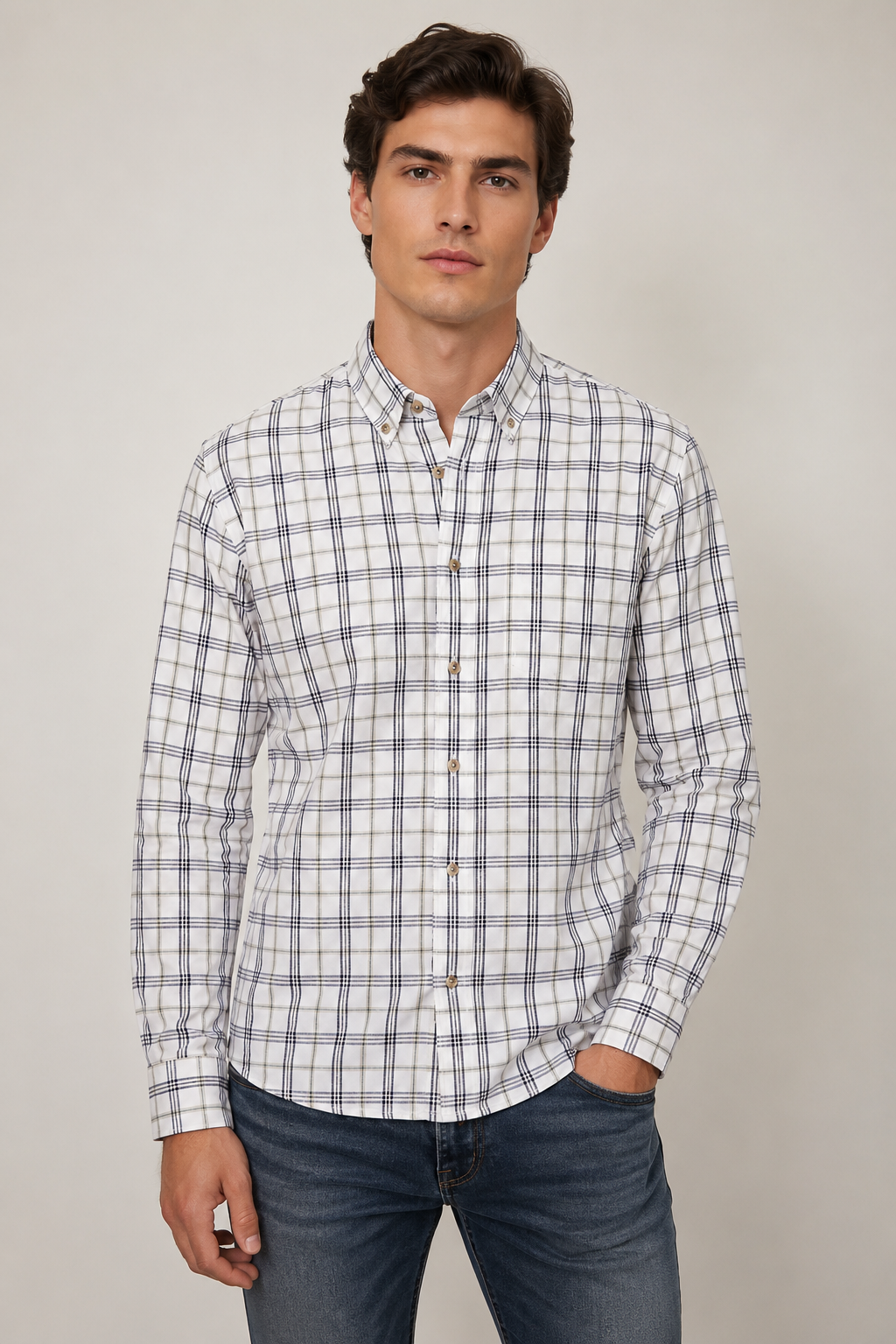 Camisas Para Hombre Manga Larga Cuadros Multicolor B61106 Blanco