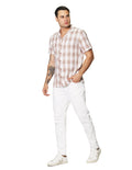 Camisas Para Hombre De Manga Corta Con Estampado De Cuadros Cuello Abierto Con Textura Relaxed Fit B41379 Kaki