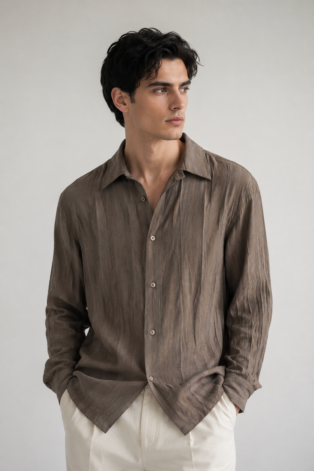 Camisas Para Hombre Manga Larga Tencel Con Lino Non Iron B55409 Cafe