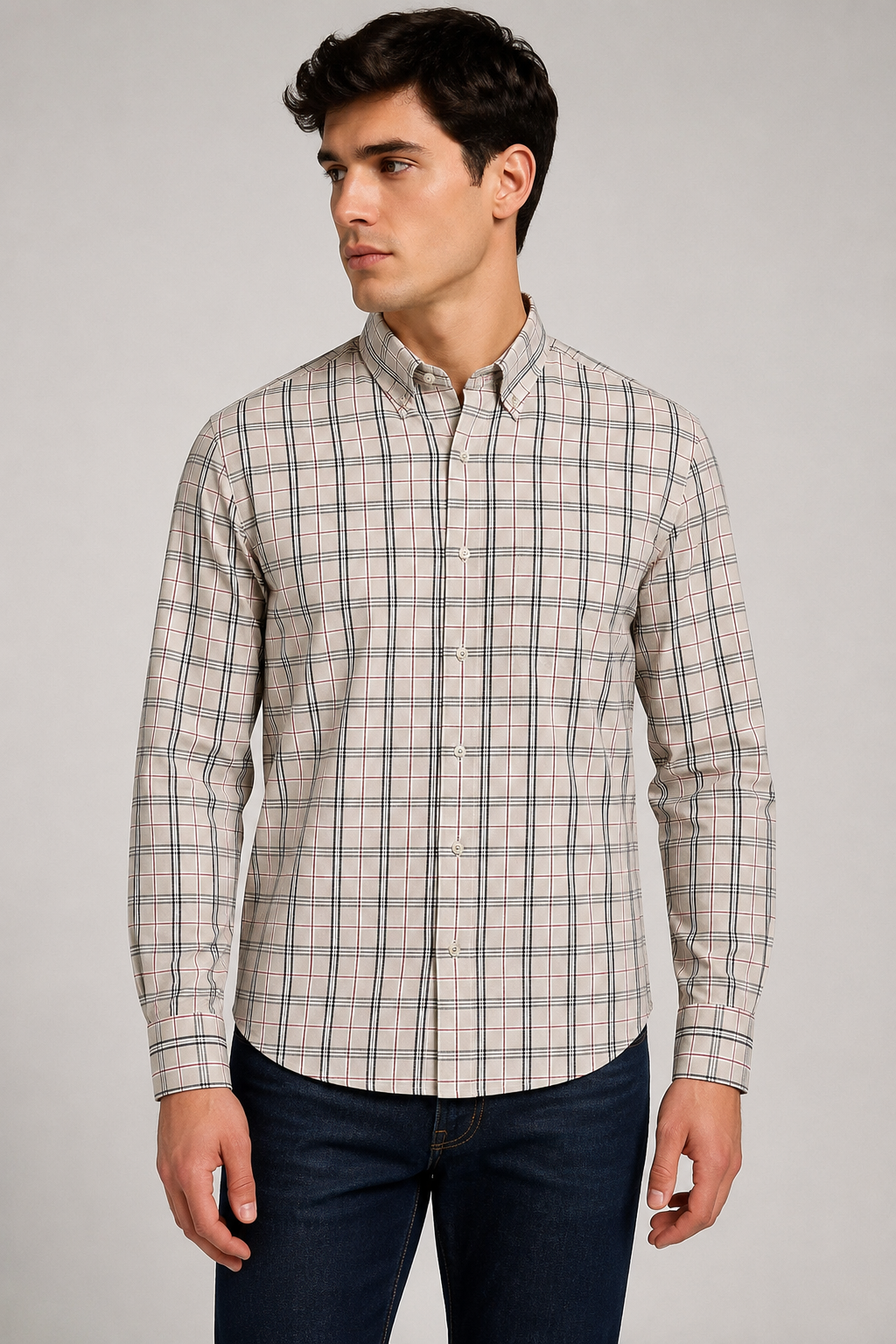 Camisas Para Hombre Manga Larga Cuadros Multicolor B61106 Kaki