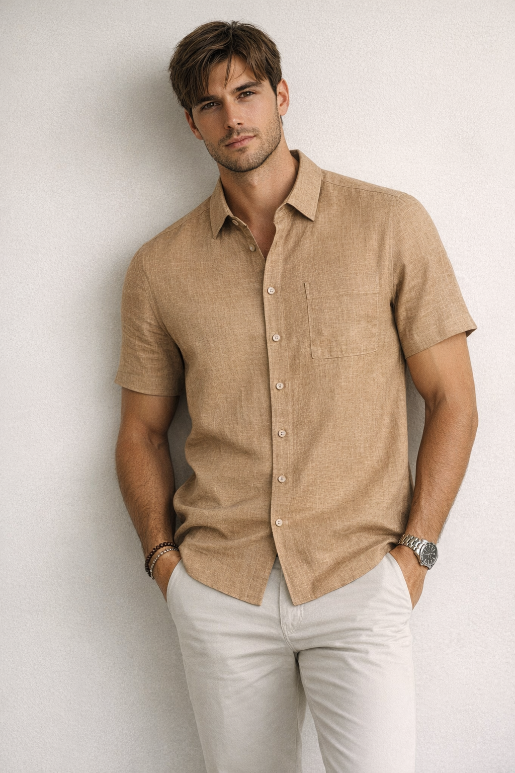 Camisas Para Hombre Manga Corta Albatros Tipo Lino Semi Recta B61561 Camello