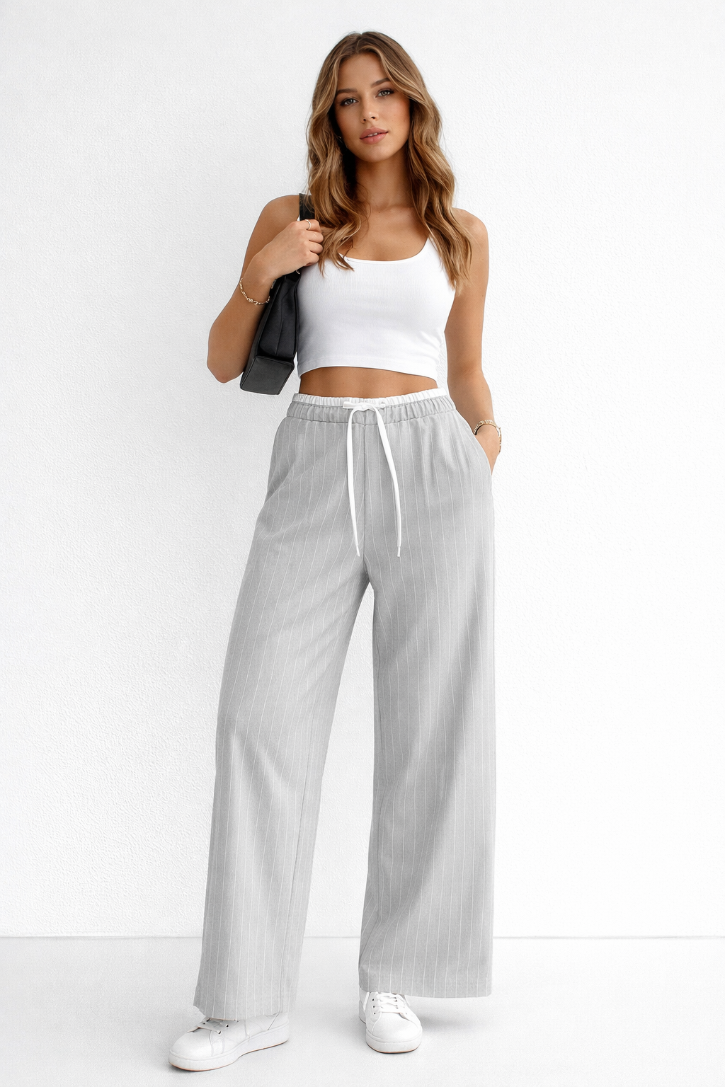 Pantalones Para Mujer De Rayas Cintura Doble W61100 Gris