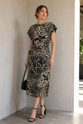 Vestidos Para Mujer Midi Estampado con Nudo S63105 Negro/Hueso