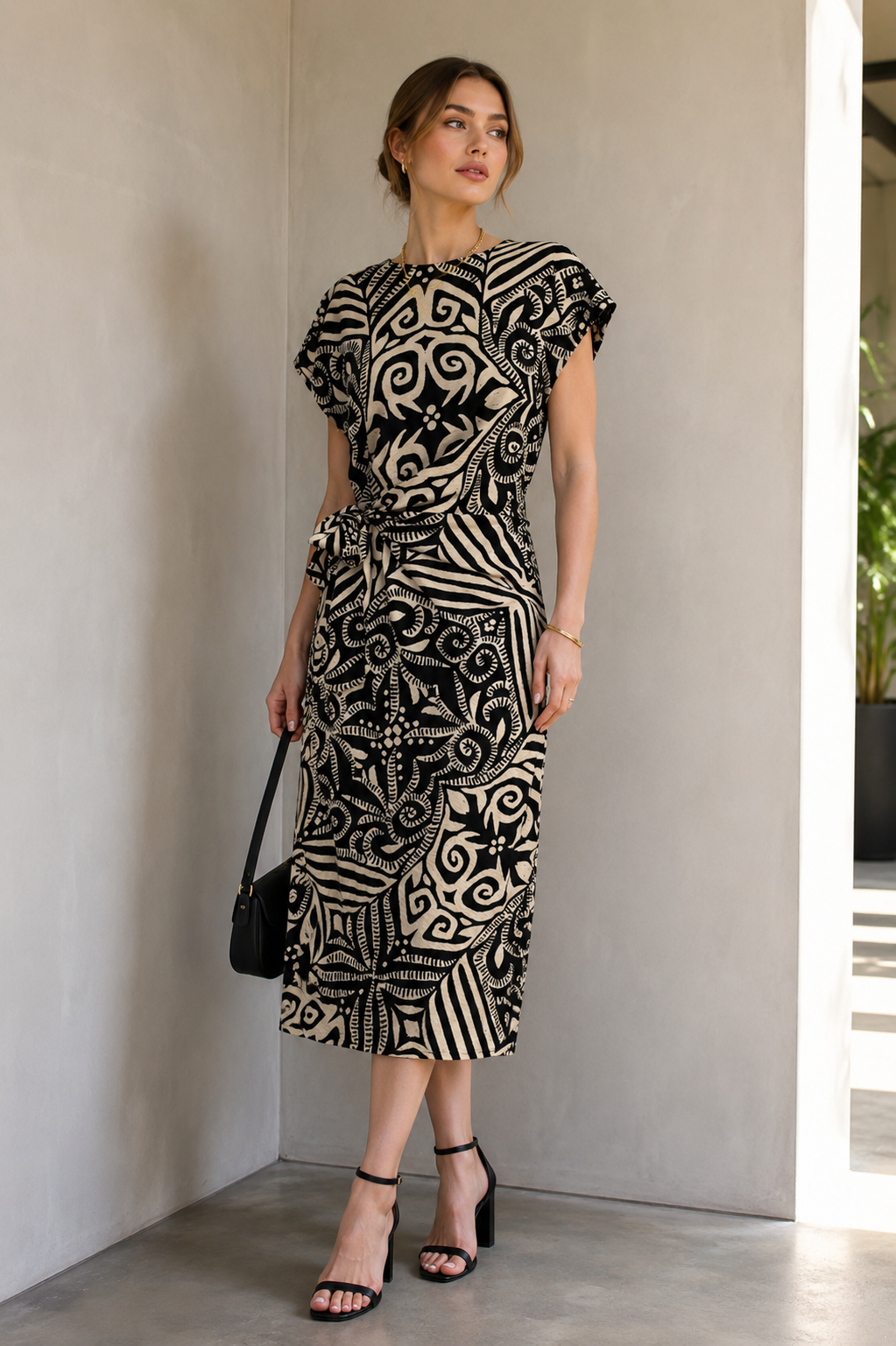 Vestidos Para Mujer Midi Estampado con Nudo S63105 Negro/Hueso