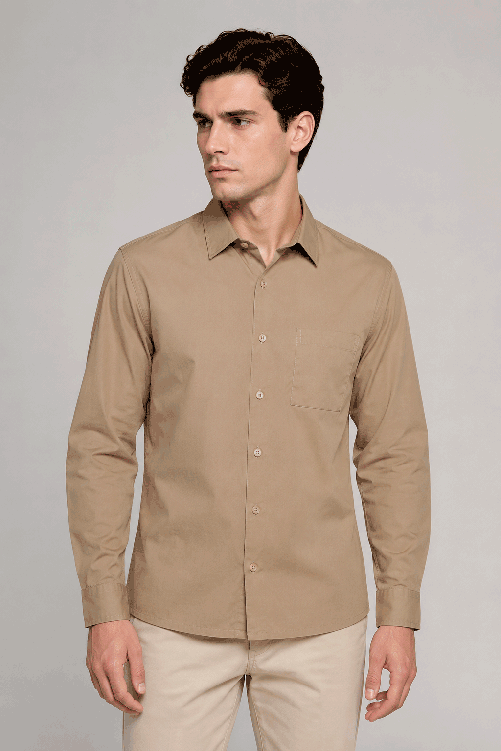 Camisas Para Hombre Manga Larga De Algodón Tacto Suave B65404 Camel