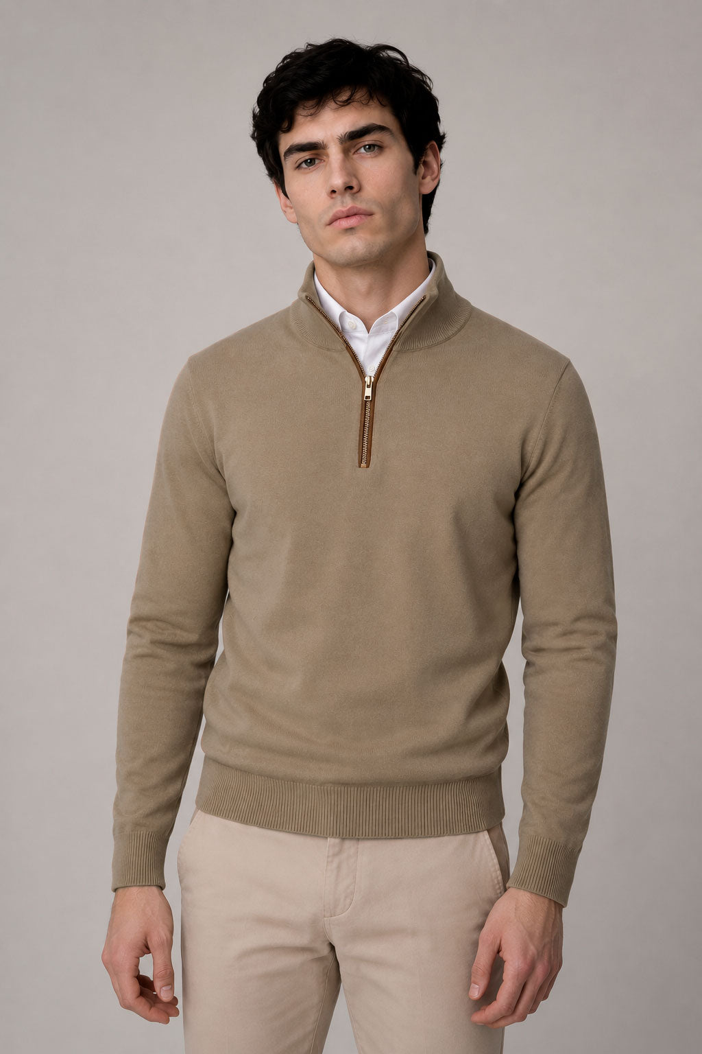 Suéteres Para Hombre Cuello Alto y Cremallera De Punto Fino E65302 Moca