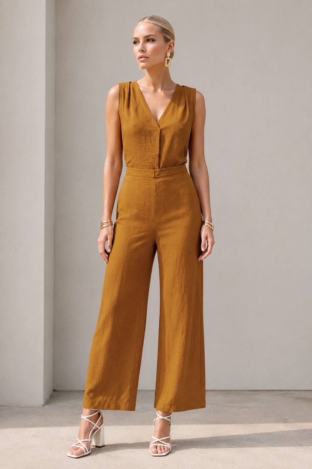 Pantalones Para Mujer Wide Leg Con Textura Básico W63110 Ocre