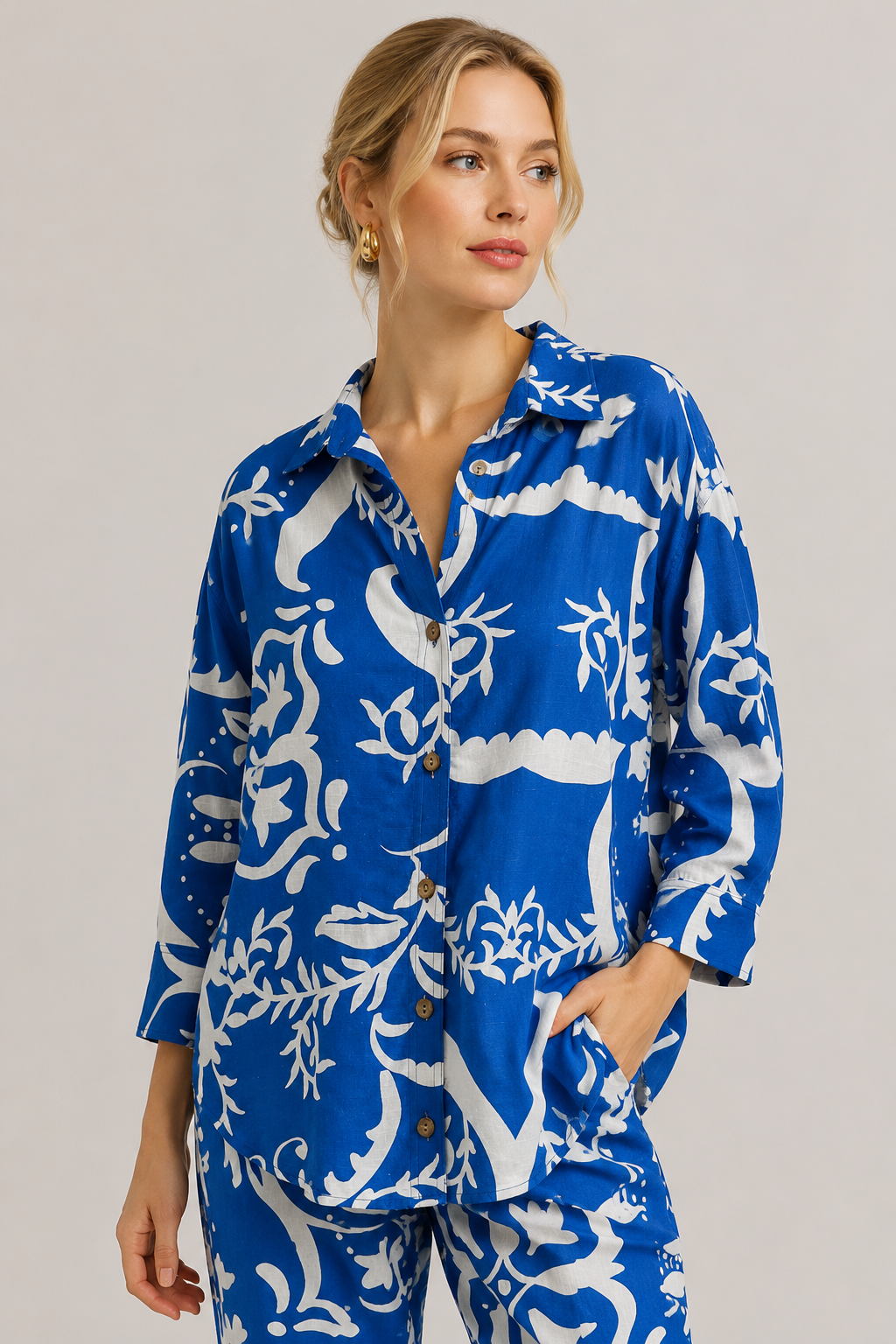 Blusas Para Mujer Camisera Lino Estampada N61104 Azul