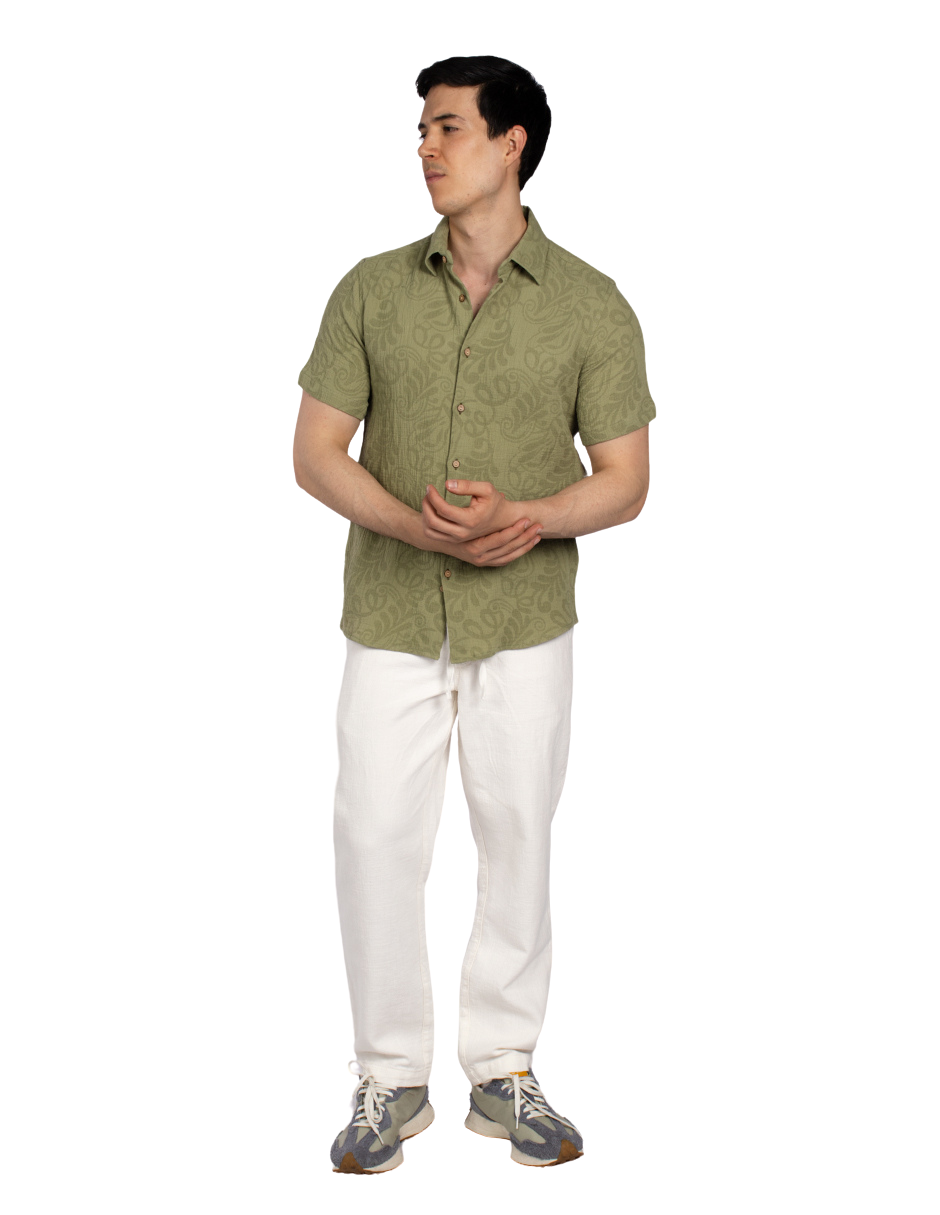 Camisas Para Hombre Tipo Lino Jacquard B51374 Olivo