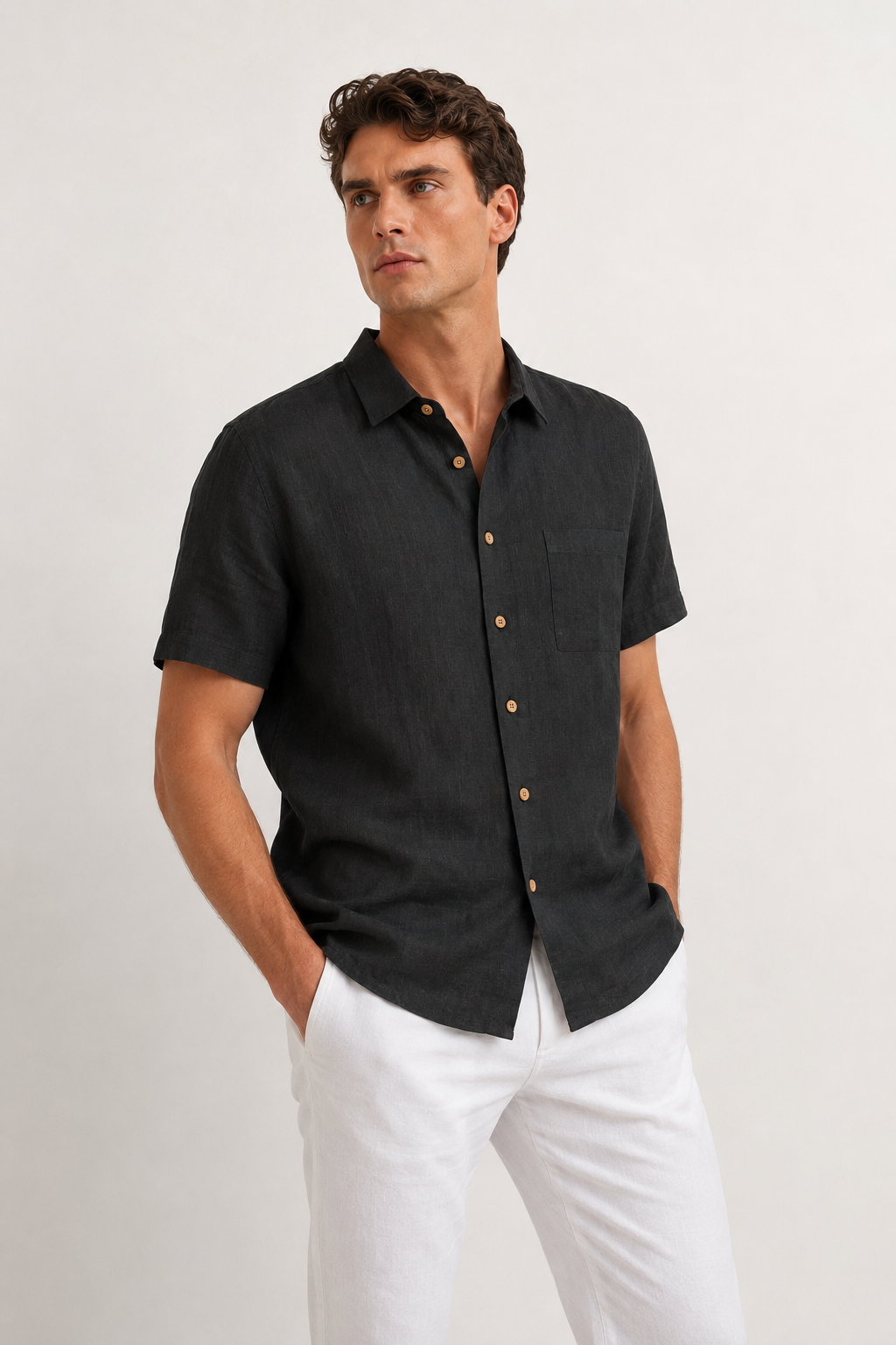 Camisas Para Hombre Manga Corta Albatros Tipo Lino Semi Recta B61561 Negro