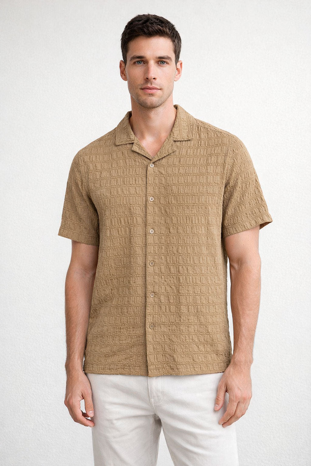 Camisa para Hombre Manga Corta Resort Jacquard Super Stretch Antiarrugas B61457 Kaki