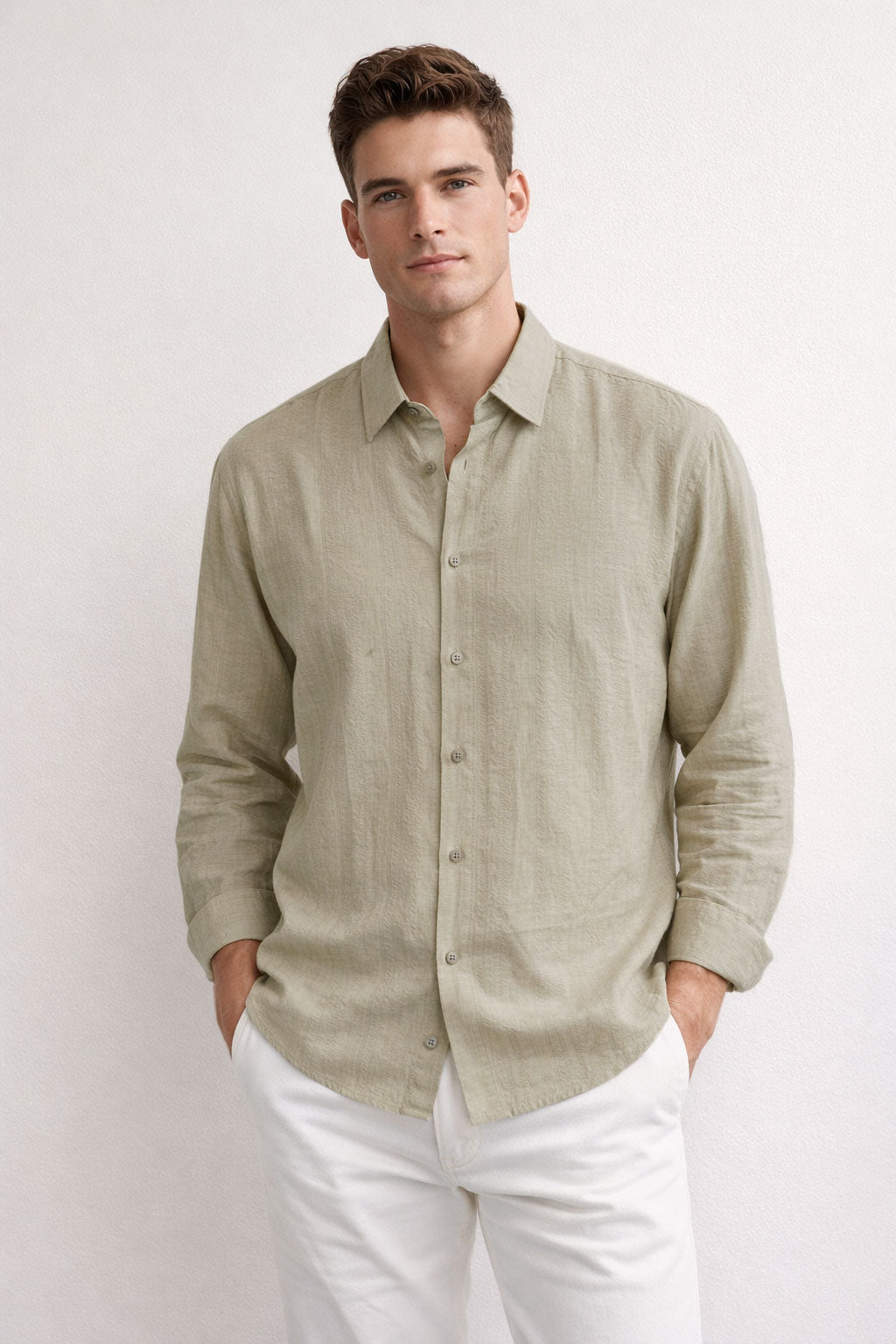 Camisa para Hombre Manga Larga Jacquard Antiarrugas B61406 Kaki